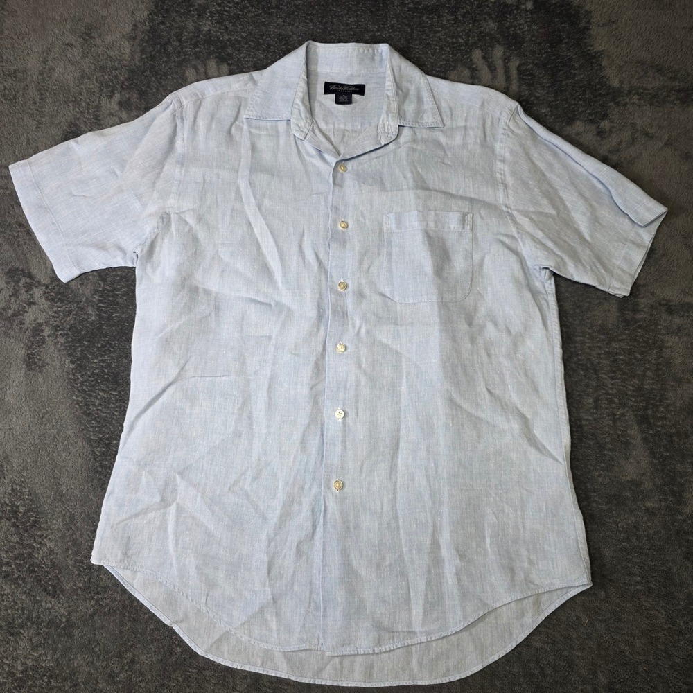 Brooks Brothers Mens M Irish Linen Short Sleeve Button Down Shirt Blue Resort